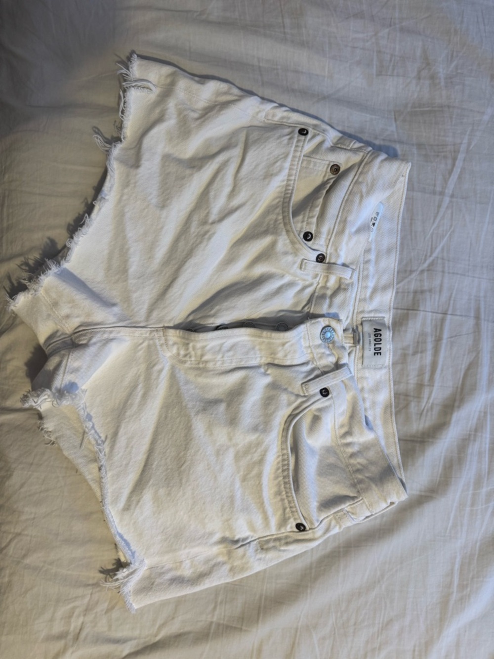 Agolde White Denim Frayed Hem Shorts - Picture 2 of 5